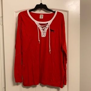 PINK Lace Up Long Sleeve Tee